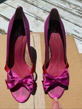 kate spade Magenta Satin Bow Peep-Toe Heels with Red Trim - size 8
